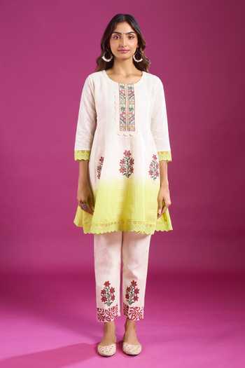 Khwaab By Sanjana Lakhani Cream Cotton Round Neck Straight Embroidered Kurta And Pant Set Online at Aza Fashions Khwaab By Sanjana Lakhani_Cream Cotton Round Neck Straight Embroidered Kurta And Pant Set _Online_at_Aza_Fashions