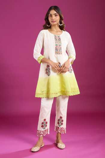 Buy Khwaab By Sanjana Lakhani Cream Cotton Round Neck Straight Embroidered Kurta And Pant Set Online at Aza Fashions Buy_Khwaab By Sanjana Lakhani_Cream Cotton Round Neck Straight Embroidered Kurta And Pant Set _Online_at_Aza_Fashions