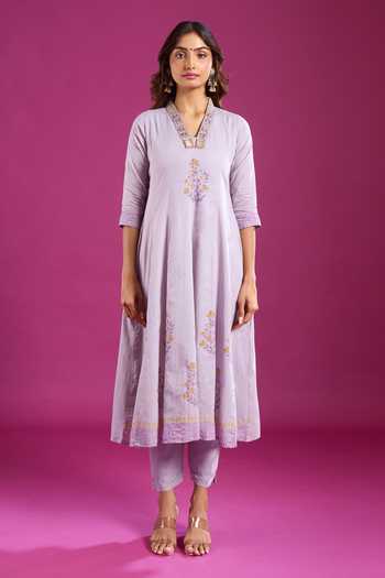 Khwaab By Sanjana Lakhani Purple Cotton V-neck Printed Anarkali Set Online at Aza Fashions Khwaab By Sanjana Lakhani_Purple Cotton V-neck Printed Anarkali Set _Online_at_Aza_Fashions
