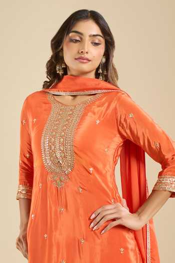 Buy Khwaab By Sanjana Lakhani Orange Crepe Round Neck Embroidered Kurta Sharara Set Online at Aza Fashions Buy_Khwaab By Sanjana Lakhani_Orange Crepe Round Neck Embroidered Kurta Sharara Set _Online_at_Aza_Fashions