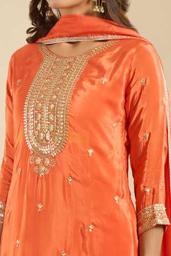 Khwaab By Sanjana Lakhani Orange Crepe Round Neck Embroidered Kurta Sharara Set at Aza Fashions Khwaab By Sanjana Lakhani_Orange Crepe Round Neck Embroidered Kurta Sharara Set _at_Aza_Fashions