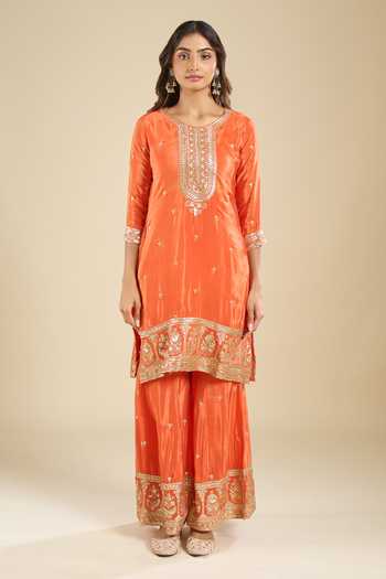 Buy Khwaab By Sanjana Lakhani Orange Crepe Round Neck Embroidered Kurta Sharara Set Buy_Khwaab By Sanjana Lakhani_Orange Crepe Round Neck Embroidered Kurta Sharara Set
