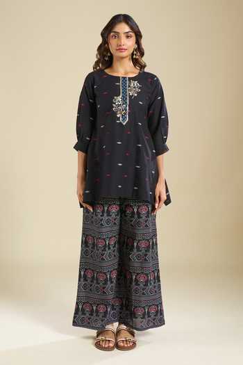 Khwaab By Sanjana Lakhani Black Cotton Round Neck Printed Kurta And Palazzo Set Online at Aza Fashions Khwaab By Sanjana Lakhani_Black Cotton Round Neck Printed Kurta And Palazzo Set _Online_at_Aza_Fashions