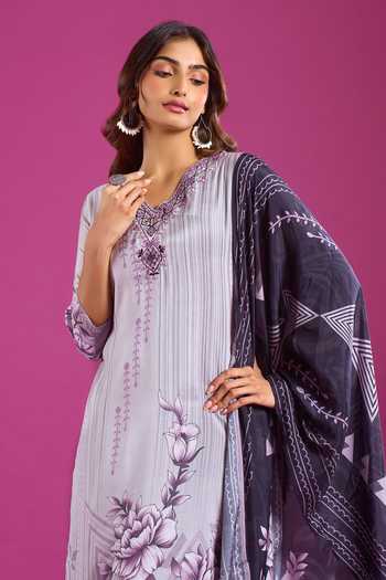 Khwaab By Sanjana Lakhani Purple Muslin V-neck, Yes Printed Kurta Pant Set Online at Aza Fashions Khwaab By Sanjana Lakhani_Purple Muslin V-neck, Yes Printed Kurta Pant Set _Online_at_Aza_Fashions