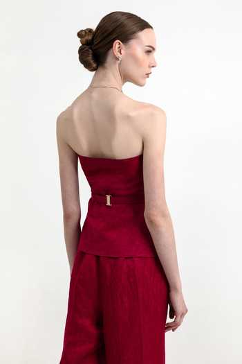 Shop Raison D'Etre Atelier Fuchsia Linen, Satin Bandeau Neck Carnation Strapless Top And Pant Set at Aza Fashions Shop_Raison D'Etre Atelier_Fuchsia Linen, Satin Bandeau Neck Carnation Strapless Top And Pant Set _at_Aza_Fashions