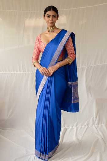 Shop Priyanka Raajiv Blue Silk Zari Kalamayi Banarasi Saree With Running Blouse Shop_Priyanka Raajiv_Blue Silk Zari Kalamayi Banarasi Saree With Running Blouse