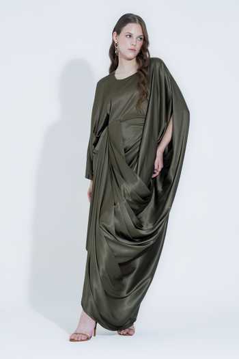 Buy_NA-KA_Olive Green Satin Boat , Cowl Draped Gown _Online_at_Aza_Fashions