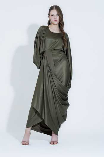 Shop_NA-KA_Olive Green Satin Boat , Cowl Draped Gown _Online_at_Aza_Fashions