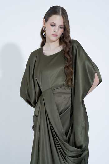 NA-KA_Olive Green Satin Boat , Cowl Draped Gown _at_Aza_Fashions
