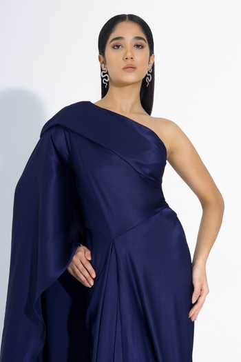 NA-KA_Blue Satin One Shoulder Cowl Gown _at_Aza_Fashions