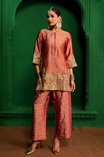 Buy Charu Makkar Pink Tissue Round Neck Amrita Embroidered Kurta And Pant Set Online at Aza Fashions Buy_Charu Makkar_Pink Tissue Round Neck Amrita Embroidered Kurta And Pant Set _Online_at_Aza_Fashions