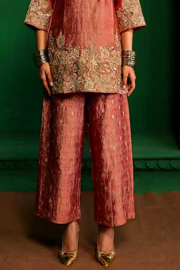 Shop Charu Makkar Pink Tissue Round Neck Amrita Embroidered Kurta And Pant Set Online at Aza Fashions Shop_Charu Makkar_Pink Tissue Round Neck Amrita Embroidered Kurta And Pant Set _Online_at_Aza_Fashions