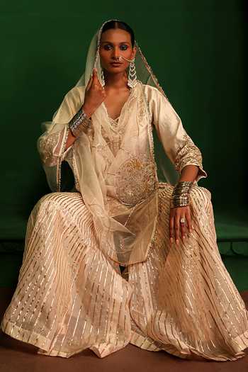 Buy Charu Makkar Ivory Tissue, Organza V-neck, Yes Madhubala Embroidered Kurta And Gharara Set Buy_Charu Makkar_Ivory Tissue, Organza V-neck, Yes Madhubala Embroidered Kurta And Gharara Set