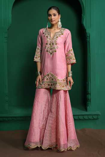 Charu Makkar Pink Silk, Dupion, Organza Split V-neck, Yes Zarina Embroidered Gharara Set Online at Aza Fashions Charu Makkar_Pink Silk, Dupion, Organza Split V-neck, Yes Zarina Embroidered Gharara Set _Online_at_Aza_Fashions