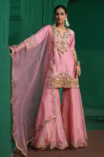 Buy Charu Makkar Pink Silk, Dupion, Organza Split V-neck, Yes Zarina Embroidered Gharara Set Online at Aza Fashions Buy_Charu Makkar_Pink Silk, Dupion, Organza Split V-neck, Yes Zarina Embroidered Gharara Set _Online_at_Aza_Fashions