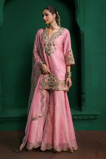Shop Charu Makkar Pink Silk, Dupion, Organza Split V-neck, Yes Zarina Embroidered Gharara Set Online at Aza Fashions Shop_Charu Makkar_Pink Silk, Dupion, Organza Split V-neck, Yes Zarina Embroidered Gharara Set _Online_at_Aza_Fashions