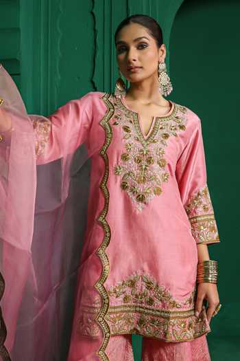 Charu Makkar Pink Silk, Dupion, Organza Split V-neck, Yes Zarina Embroidered Gharara Set at Aza Fashions Charu Makkar_Pink Silk, Dupion, Organza Split V-neck, Yes Zarina Embroidered Gharara Set _at_Aza_Fashions