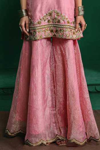 Buy Charu Makkar Pink Silk, Dupion, Organza Split V-neck, Yes Zarina Embroidered Gharara Set Buy_Charu Makkar_Pink Silk, Dupion, Organza Split V-neck, Yes Zarina Embroidered Gharara Set