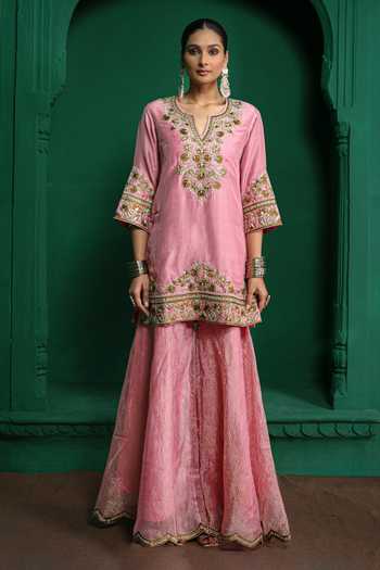 Shop Charu Makkar Pink Silk, Dupion, Organza Split V-neck, Yes Zarina Embroidered Gharara Set Shop_Charu Makkar_Pink Silk, Dupion, Organza Split V-neck, Yes Zarina Embroidered Gharara Set