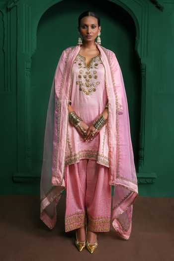Shop Charu Makkar Pink Tissue, Modal, Satin, Organza V-neck Sharmila Embroidered Kurta Set Online at Aza Fashions Shop_Charu Makkar_Pink Tissue, Modal, Satin, Organza V-neck Sharmila Embroidered Kurta Set _Online_at_Aza_Fashions
