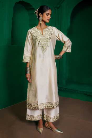 Charu Makkar Ivory Silk, Chanderi, Organza Keyhole Neck Sharmila Embroidered Kurta Pant Set at Aza Fashions Charu Makkar_Ivory Silk, Chanderi, Organza Keyhole Neck Sharmila Embroidered Kurta Pant Set _at_Aza_Fashions