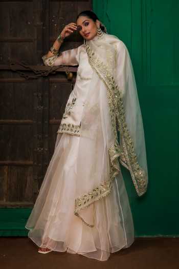 Buy Charu Makkar Ivory Organza, Satin Round Neck, Yes Mumtaz Embroidered Kurta Sharara Set Buy_Charu Makkar_Ivory Organza, Satin Round Neck, Yes Mumtaz Embroidered Kurta Sharara Set