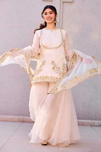 Shop Charu Makkar Ivory Organza, Satin Round Neck, Yes Mumtaz Embroidered Kurta Sharara Set Shop_Charu Makkar_Ivory Organza, Satin Round Neck, Yes Mumtaz Embroidered Kurta Sharara Set