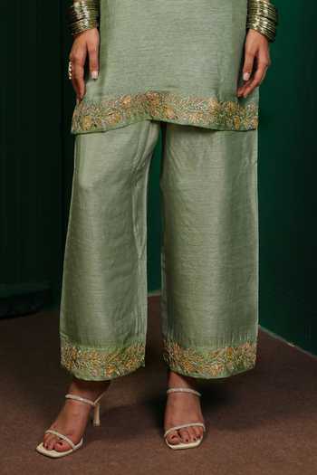 Buy Charu Makkar Green Silk Split V-neck Kajol Embroidered Kurta And Pant Set Online at Aza Fashions Buy_Charu Makkar_Green Silk Split V-neck Kajol Embroidered Kurta And Pant Set _Online_at_Aza_Fashions
