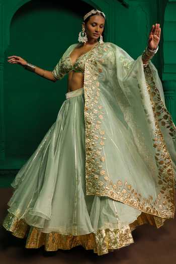 Buy_Charu Makkar_Green Organza, Silk Madhuri Applique Work Lehenga Set _Online_at_Aza_Fashions