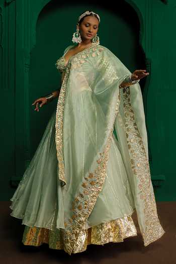 Buy_Charu Makkar_Green Organza, Silk Madhuri Applique Work Lehenga Set 