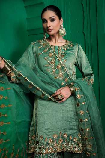 Shop Charu Makkar Green Chanderi, Tissue, Organza Round Neck, Yes Malaika Aari Work Kurta Set Online at Aza Fashions Shop_Charu Makkar_Green Chanderi, Tissue, Organza Round Neck, Yes Malaika Aari Work Kurta Set _Online_at_Aza_Fashions