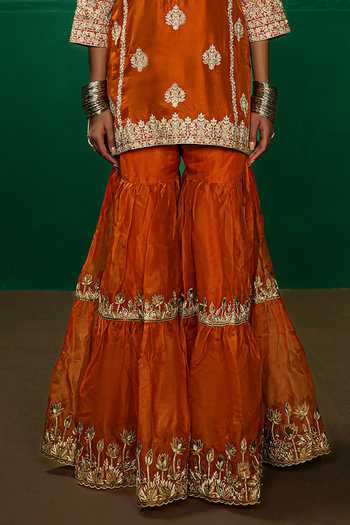 Charu Makkar Orange Silk, Dupion, Organza Split V-neck Farida Embroidered Kurta Gharara Set Online at Aza Fashions Charu Makkar_Orange Silk, Dupion, Organza Split V-neck Farida Embroidered Kurta Gharara Set _Online_at_Aza_Fashions