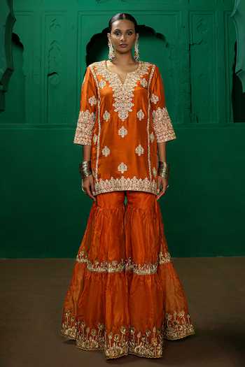 Buy Charu Makkar Orange Silk, Dupion, Organza Split V-neck Farida Embroidered Kurta Gharara Set Online at Aza Fashions Buy_Charu Makkar_Orange Silk, Dupion, Organza Split V-neck Farida Embroidered Kurta Gharara Set _Online_at_Aza_Fashions
