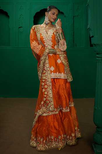 Shop Charu Makkar Orange Silk, Dupion, Organza Split V-neck Farida Embroidered Kurta Gharara Set Online at Aza Fashions Shop_Charu Makkar_Orange Silk, Dupion, Organza Split V-neck Farida Embroidered Kurta Gharara Set _Online_at_Aza_Fashions