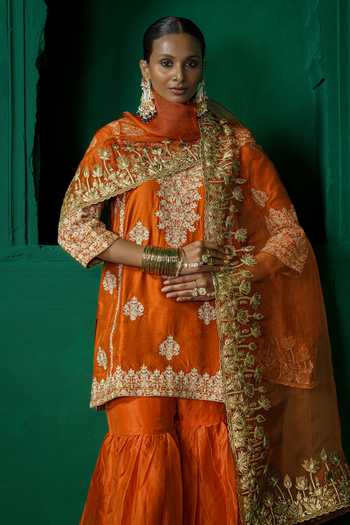Charu Makkar Orange Silk, Dupion, Organza Split V-neck Farida Embroidered Kurta Gharara Set at Aza Fashions Charu Makkar_Orange Silk, Dupion, Organza Split V-neck Farida Embroidered Kurta Gharara Set _at_Aza_Fashions