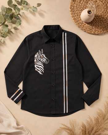 Toplove Black Cotton Silver Zebra Embroidered Shirt Online at Aza Fashions Toplove_Black Cotton Silver Zebra Embroidered Shirt _Online_at_Aza_Fashions