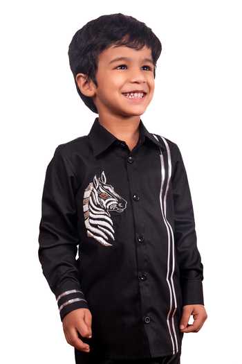 Shop Toplove Black Cotton Silver Zebra Embroidered Shirt Online at Aza Fashions Shop_Toplove_Black Cotton Silver Zebra Embroidered Shirt _Online_at_Aza_Fashions