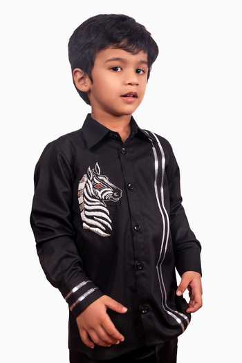 Toplove Black Cotton Silver Zebra Embroidered Shirt at Aza Fashions Toplove_Black Cotton Silver Zebra Embroidered Shirt _at_Aza_Fashions