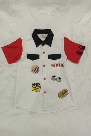 Toplove White Cotton Movie Embroidered Shirt at Aza Fashions Toplove_White Cotton Movie Embroidered Shirt _at_Aza_Fashions
