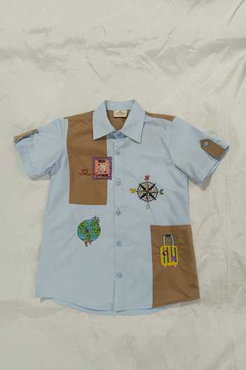 Shop Toplove Sky Blue Cotton Explorer Embroidered Shirt Online at Aza Fashions Shop_Toplove_Sky Blue Cotton Explorer Embroidered Shirt _Online_at_Aza_Fashions