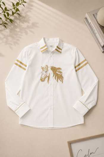 Toplove_White Cotton Golden Horse Embroidered Shirt _Online_at_Aza_Fashions