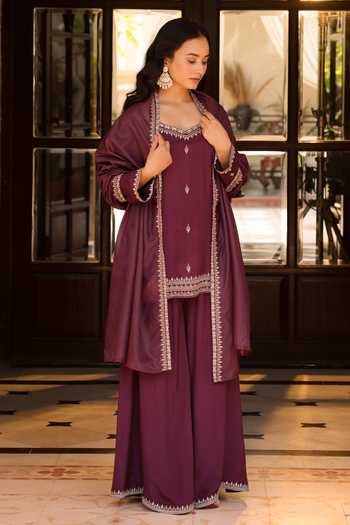 Shop_SEHER JAIPUR_Purple Silk Square Neck Izar Embroidered Kurta Set _Online_at_Aza_Fashions