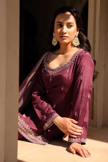 Buy_SEHER JAIPUR_Purple Silk Square Neck Izar Embroidered Kurta Set 