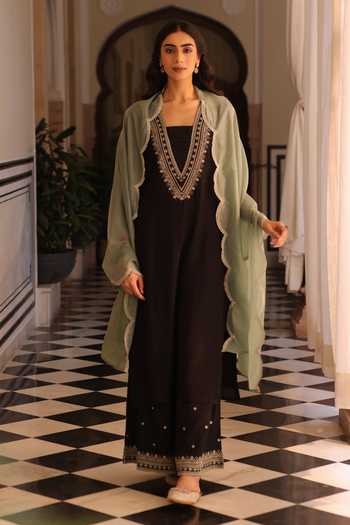 SEHER JAIPUR_Black Silk V-neck Mehrnaz Kurta Palazzo Set _Online_at_Aza_Fashions