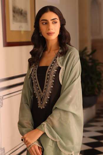 Shop_SEHER JAIPUR_Black Silk V-neck Mehrnaz Kurta Palazzo Set _Online_at_Aza_Fashions