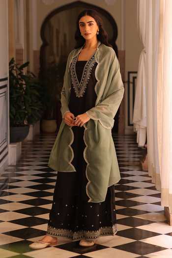 Buy_SEHER JAIPUR_Black Silk V-neck Mehrnaz Kurta Palazzo Set 