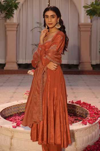 SEHER JAIPUR_Orange Silk Sweetheart Neck Zeya Embroidered Anarkali Set _at_Aza_Fashions