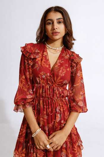 Aroop Shop India Red Chiffon V-neck Ammy Short Dress Online at Aza Fashions Aroop Shop India_Red Chiffon V-neck Ammy Short Dress _Online_at_Aza_Fashions