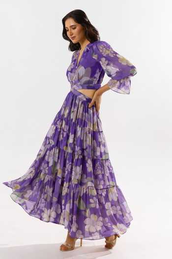 Aroop Shop India Purple Chiffon V-neck Flora Flared Recycled Maxi Dress Online at Aza Fashions Aroop Shop India_Purple Chiffon V-neck Flora Flared Recycled Maxi Dress _Online_at_Aza_Fashions
