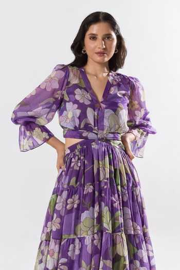 Buy Aroop Shop India Purple Chiffon V-neck Flora Flared Recycled Maxi Dress Online at Aza Fashions Buy_Aroop Shop India_Purple Chiffon V-neck Flora Flared Recycled Maxi Dress _Online_at_Aza_Fashions